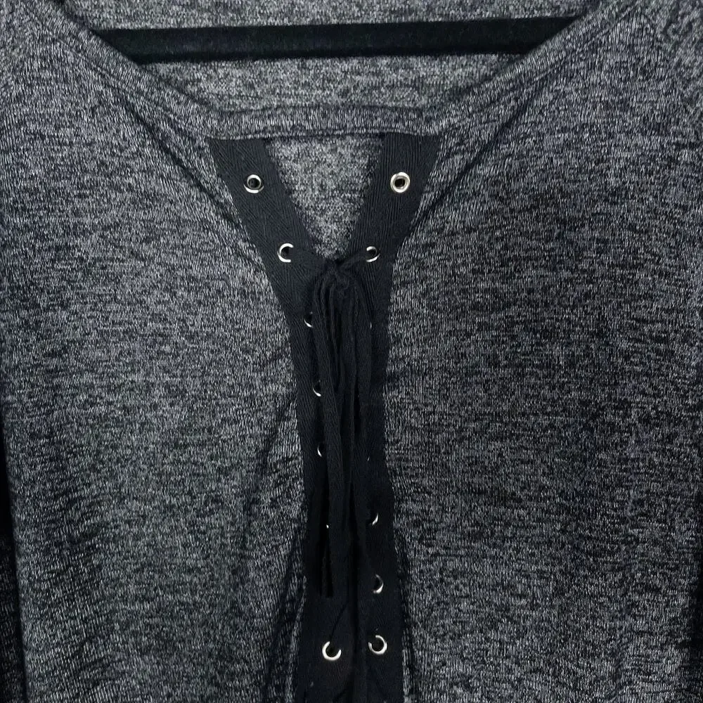 Toska Large L Heather Gray Lace Up Cold Shoulder Top Black Soft Knit Long Sleeve - Picture 4 of 6